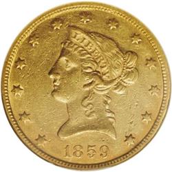 1859 $10 AU55 NGC. The 1859 ten dollar, with its small