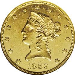 1859 $10 MS60 NGC. A spectacular prooflike example of