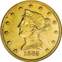 1865-S $10 AU58 NGC. This example is the Normal Date v