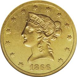 1866-S $10 No Motto--Cleaned--ANACS. AU53 Details. Sub