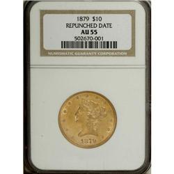 1879 $10 Repunched Date AU55 NGC. Breen-6993. The lowe