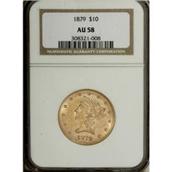 1879 $10 AU58 NGC. Breen-6993. The curious variety wit