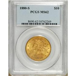 1880-S $10 MS62 PCGS. Honey-gold surfaces exhibit soft