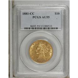 1881-CC $10 AU55 PCGS. A well struck straw-gold repres