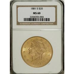 1881-S $20 MS60 NGC. A series of reeding marks in the
