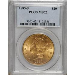 1885-S $20 MS62 PCGS. The rose and straw-gold toning a