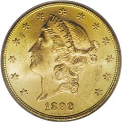 1892-S $20 MS64 PCGS. A sharp near-Gem, so graded beca