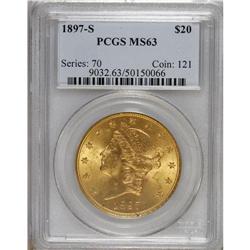 1897-S $20 MS63 PCGS. A pleasing green-gold example of
