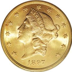 1897-S $20 MS64 PCGS. A remarkable example, this lustr