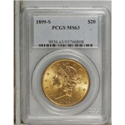 1899-S $20 MS63 PCGS. Rich honey-gold color is visible