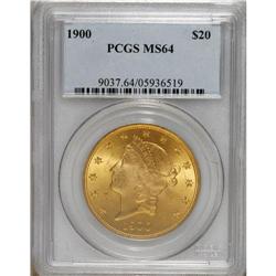 1900 $20 MS64 PCGS. Glowing luster basks on apricot-go