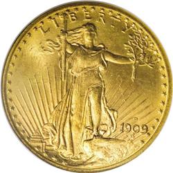 1909-D $20 MS65 NGC. Lovely peach and lime hues confir