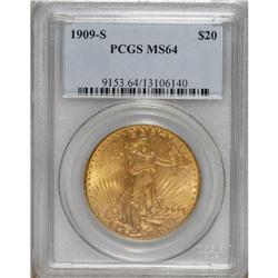 1909-S $20 MS64 PCGS. This softly lustrous and well st