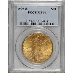 1909-S $20 MS64 PCGS. Hints of green grace the shimmer