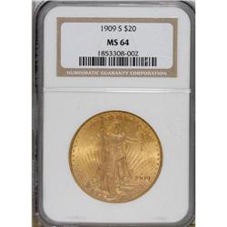1909-S $20 MS64 NGC. Wheat-gold surfaces exude soft lu