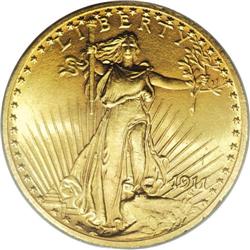 1911 $20 MS64 PCGS. Pebbly texture is visible in the f