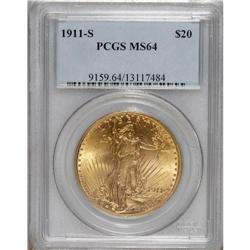 1911-S $20 MS64 PCGS. Sweeping cartwheel sheen illumin