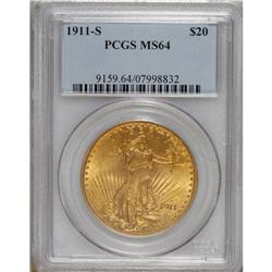 1911-S $20 MS64 PCGS. A charming yellow-orange near-Ge