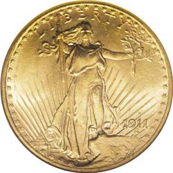 1911-S $20 MS65 NGC. The mintmarked double eagle issue