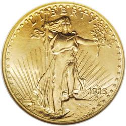 1913-D $20 MS65 NGC. Hints of pink toning appear over