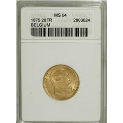 Belgium: Leopold II gold 20 Francs 1875-FR, KM37