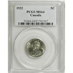 Canada: George V 5 Cents 1922, MS64 PCGS.