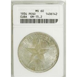 Cuba: Cuba 1 Peso 1934 pair: KM-15.2, MS60 ANACS