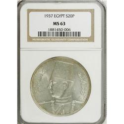 Egypt: Farouk 20 Piastres 1937, KM368, MS63 NGC.