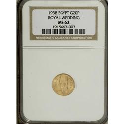 Egypt: Farouk gold 20 Piastres 1938, KM370, MS62