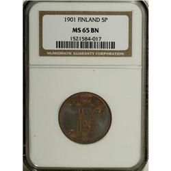 Finland: Nicholas II 5 Pennia 1901, KM15, MS65 B