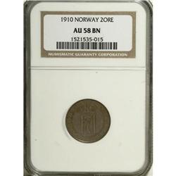 Norway: Haakon VII 2 Ore 1910, KM371, AU58 Brown