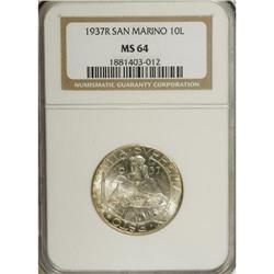 San Marino: Republic 10 Lire 1937R, KM10, MS64 N