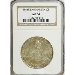 San Marino: Republic 20 Lire 1931R, KM11, MS64NG