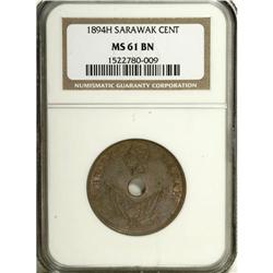 Sarawak: C. Brooke Cent 1894H, KM7, MS61 Brown N