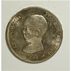 Spain: Alfonso XIII 5 Pesetas 1888 (88) MPM, KM6