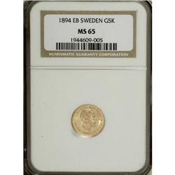 Sweden: Oscar II gold 5 Kronor 1894-EB, KM756, M