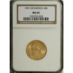 Sweden: Oscar II gold 20 Kronor 1901-EB, KM765,