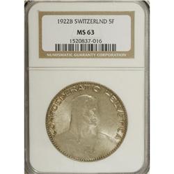 Switzerland: Confederation. 5 Francs, 1922-B, KM