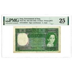 Government of Iraq, Law #44 of 1931 (ND 1942 Issue) 1/4 Dinar Banknote.