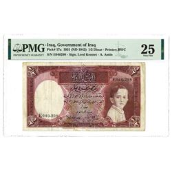 Government of Iraq, Law #44 of 1931 (ND 1942 Issue) 1/2 Dinar Banknote.
