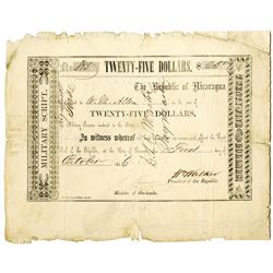 Nicaragua. William Walker Military Script, 1856 Issued $25 Banknote Rarity.