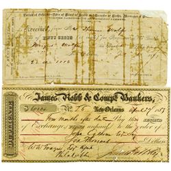 James Robb & Comp., Bankers, 1853 2nd of Exchange and 1897 New Orleans for Copy of Birth Registratio
