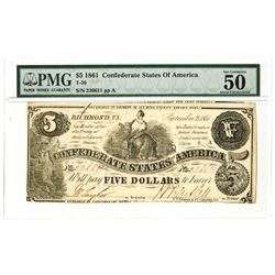 C.S.A., 1861, $5, T-36, PMG AU 50.