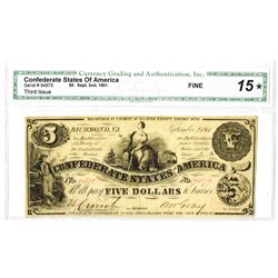 C.S.A., 1861, $5, Third Issue, CGA Fine 15.