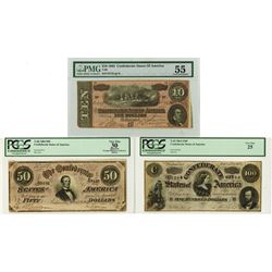 C.S.A., 1864 $10, $50, $100, T-68; T-66; and T-65 Banknote Trio