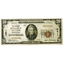 Dry Run Pennsylvania. Citizens National Bank of Dry Run. $20, 1929 T-1 CH#10811 National Banknote.