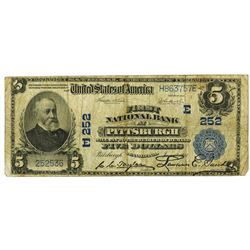 Pittsburgh, Pennsylvania - $5 1902 Plain Back Fr. 606, First National Bank at Pittsburgh, Ch. # Û 25