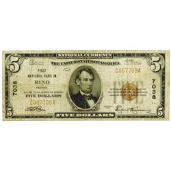 Reno, NV. First National Bank of Reno. $5, 1929 T-1 CH#7038 National Banknote.