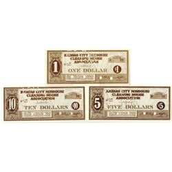 Kansas City Missouri Clearing House Association. 1933. Lot of 3 U/C Notes.