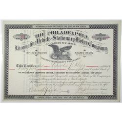 Philadelphia Locomotive Vehicle and Stationary Motor Co. of Camden, New Jersey 1890 Stock Certificat